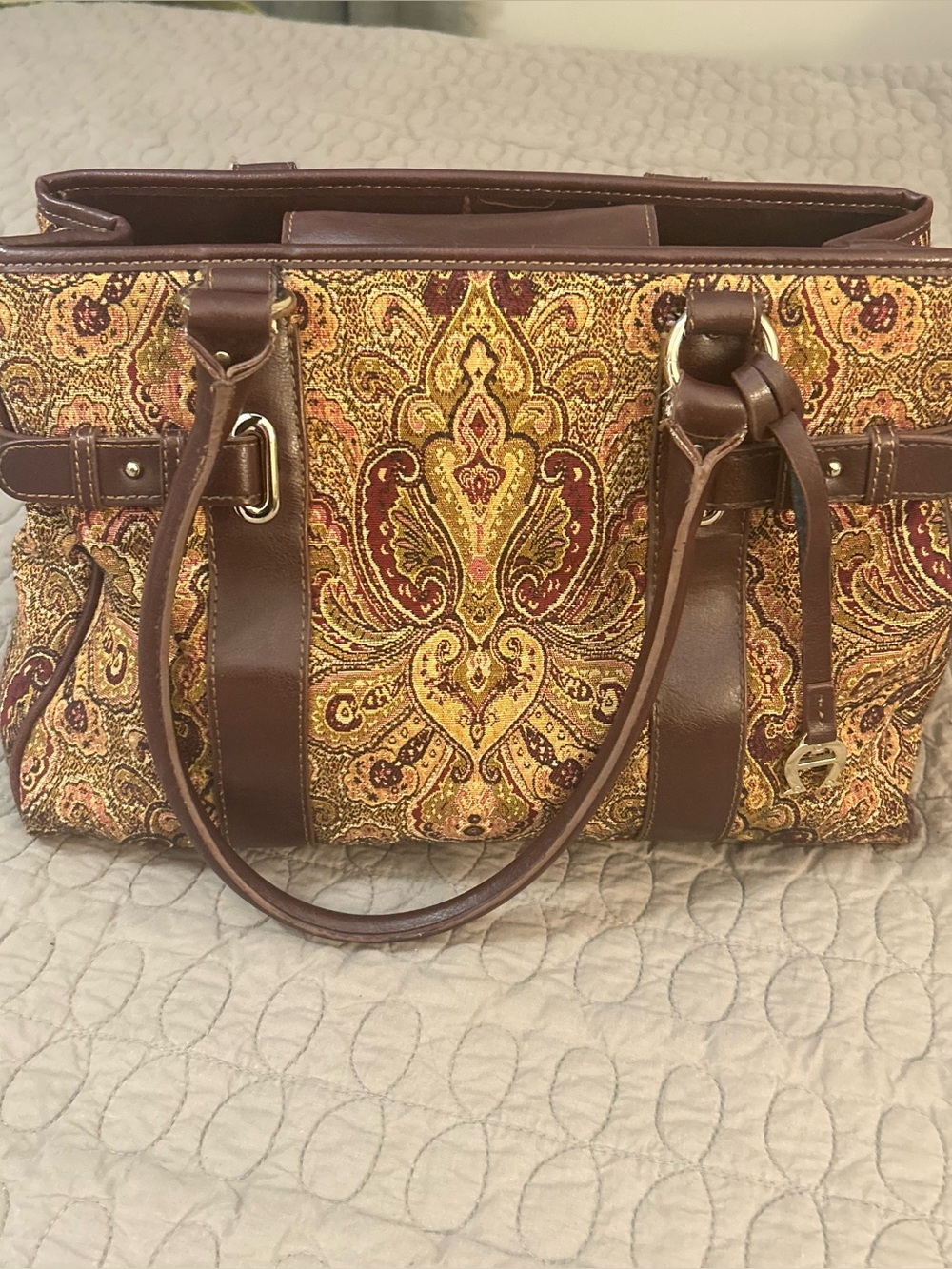 Etienne Aigner Tapestry Paisley Shoulder Bag Brown Multi Pocket